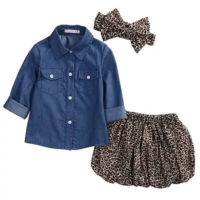 3PCS Set ! 2017 Spring Autumn Cute Baby Girls Clothes Toddler Kids Denim Tops+Leopard Culotte Skirt Children Girl Clothing | Детская