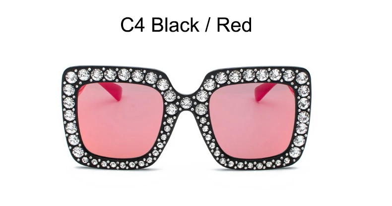 C4 Black Red Брендовые розовые солнцезащитные очки для женщин с кристаллами и камнями, высокое качество, женские дизайнерские квадратные большие Светоотражающие рамки, черный чехол - Цвет линз: C4 Black Red