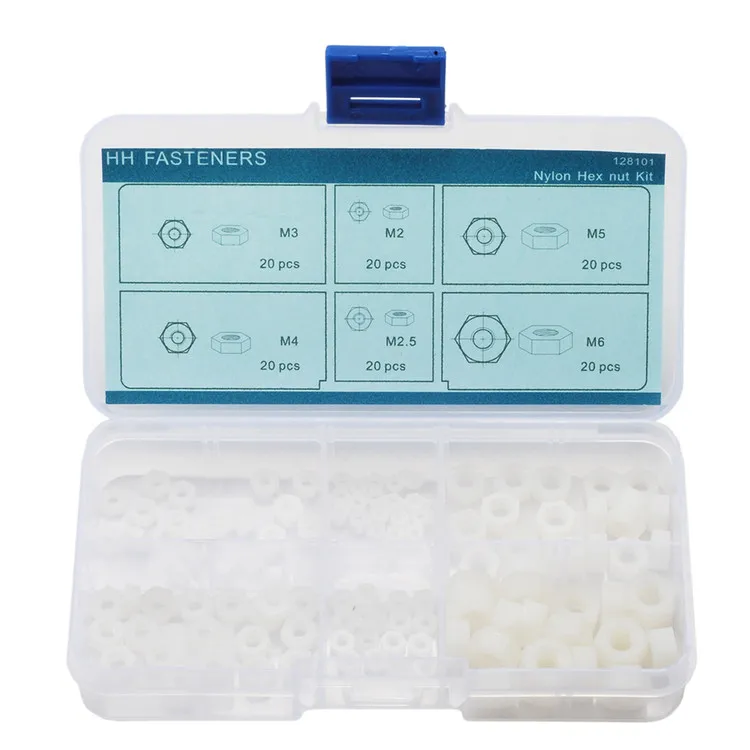 Белый шестигранные нейлоновые гайки Ассортиментный комплект M2 2 5 3 4 6 QTY120|hex nut|nylon