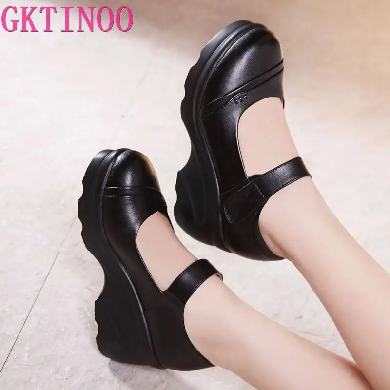 

GKTINOO 2020 Wedges Women Shoe Spring Autumn Slip-On High Heels Round Toe Soft Leather Casual Ladies Platform Shoes Woman
