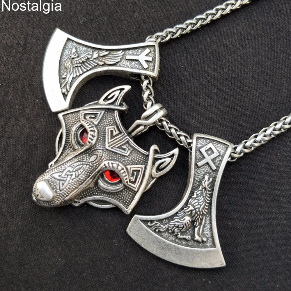 Ностальгия Goth Wolf и Raven гравировка на Славянском топор Perun Runes отала ALGIZ колье с