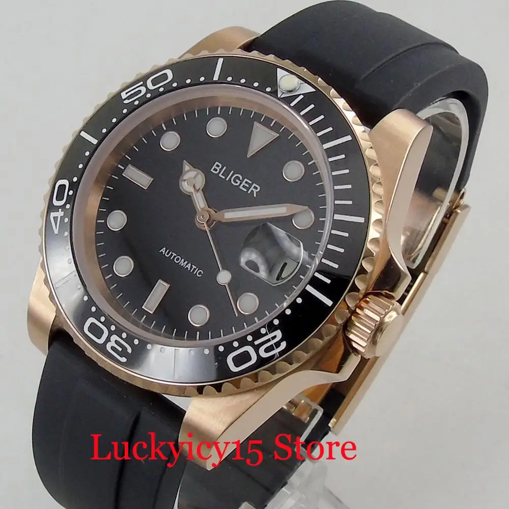 BLIGER 40 мм черный циферблат сапфировое стекло Резиновый Ремешок Автоматические
