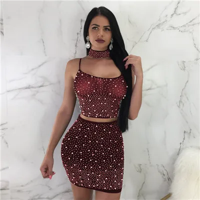 Adogirl Sheer Mesh Pearls 3 Piece Set Women Sexy Night Club Outfits Choker+Spaghetti Straps Lace Up Backless Crop Top+Mini Skirt | Женская