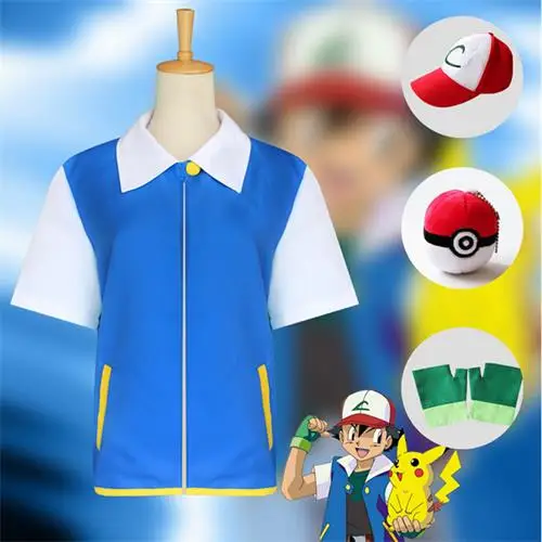 B Ash Ketchum костюмы Pocketmon тренировочная куртка для косплея японского аниме ясень рубашка перчатки шляпа шар синий белый мультфильм Пикачу для взрослых - Цвет: B