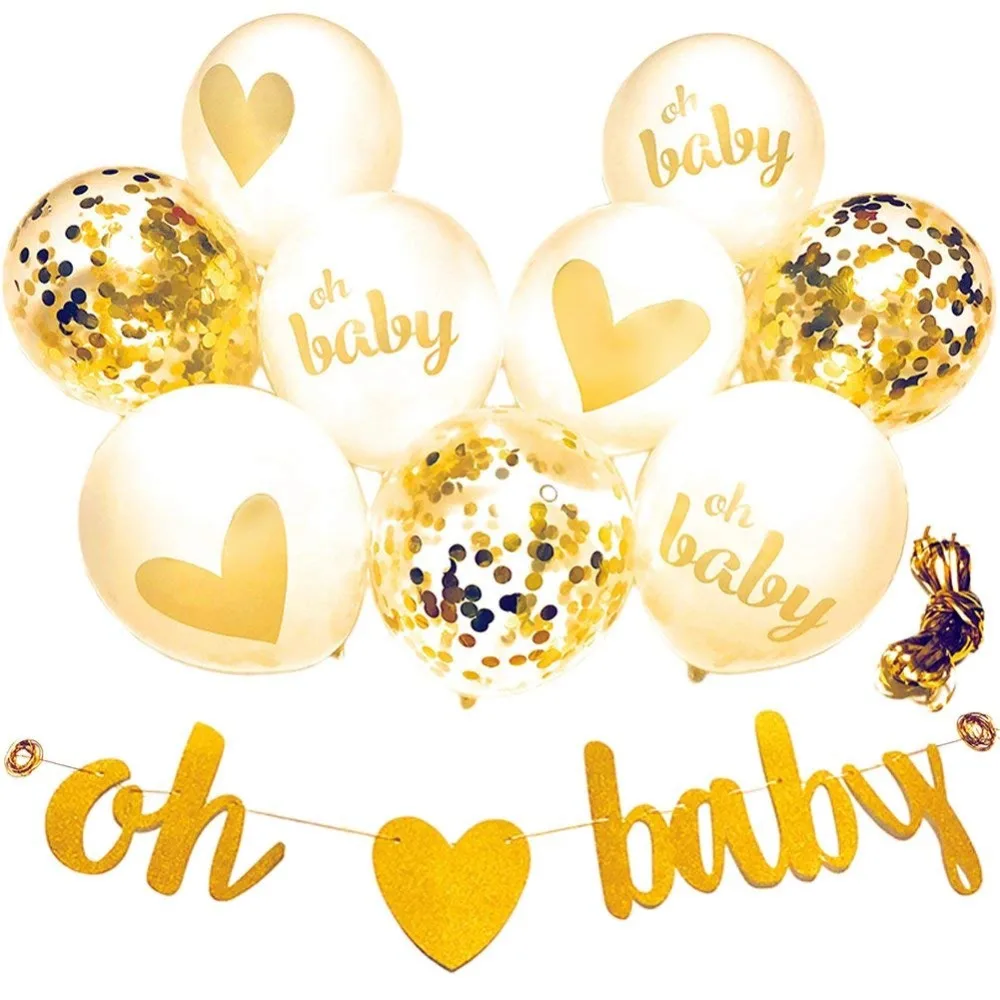 

Baby Shower Decorations Neutral Decor Strung Banner (OH BABY) & 9PC Balloons Ribbon [Gold, Confetti, White] Kit Set Hang Decor