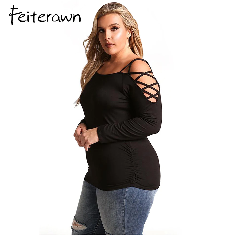 Feiterawn 2018 открытыми плечами плюс Размеры топ черная футболка Для женщин 4XL