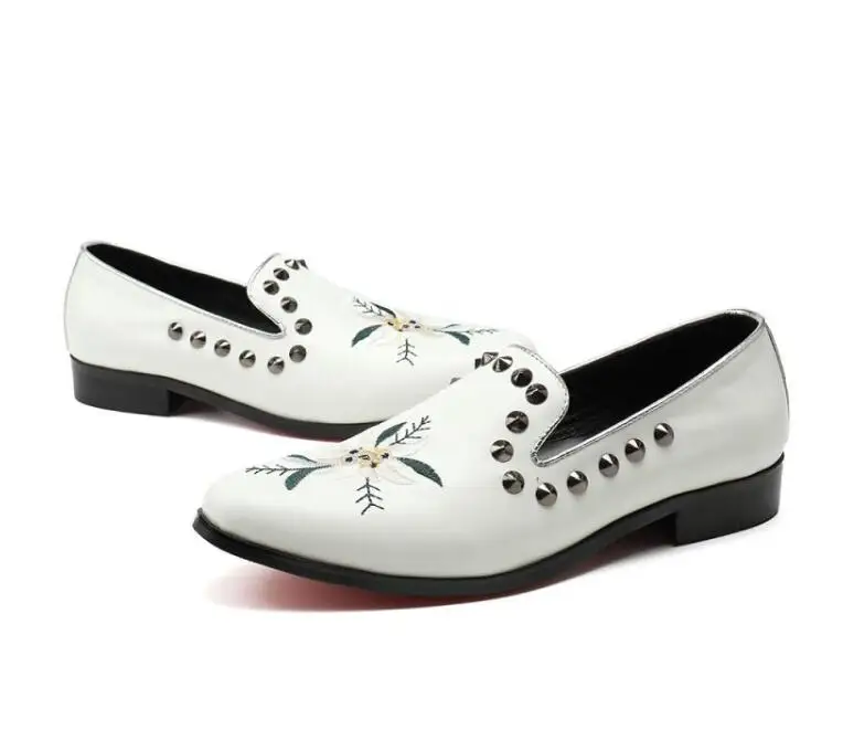 2018 New Genuine Leather Men Oxford Shoes rivets studded embroidery Casual Business shoes white Slip-on party office | Обувь