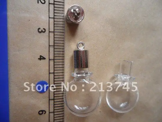 

Free ship! 100pcs/lot round glass Vial Pendant (metal cap /mini/glass/charm/ rice/ bottle/miniature/vials)
