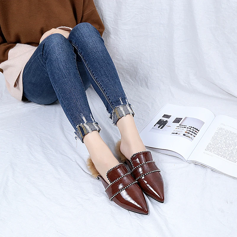 2020 Autumn New Sexy Women Slippers Outdoor Bead Low Heels Elegant Shoes Woman Comfortable Western Style Ladies Black | Обувь