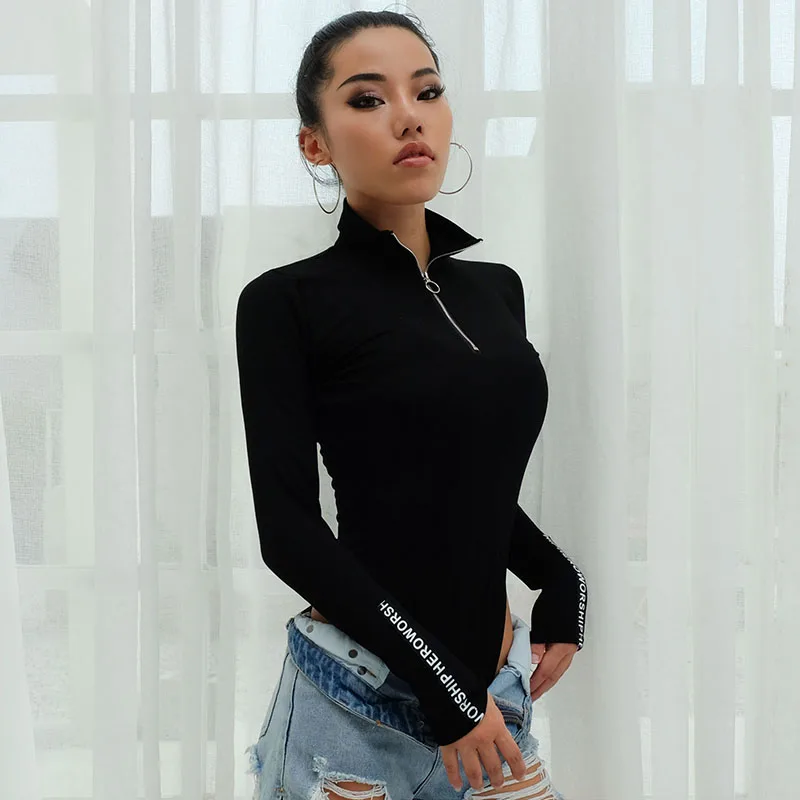 HEYounGIRL лоскутное печати повседневное боди с длинным рукавом Осень Водолазка Боди женские черные комбинезоны в обтяжку на молнии