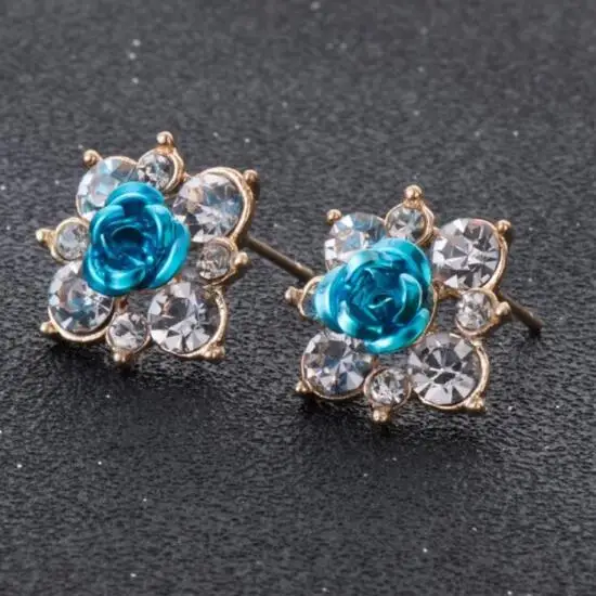 High Quality Rhinestone Flower Crystal Stud Earrings For Women Party Rose Pink Blue Romantic Boho Fashion Jewelry | Украшения и