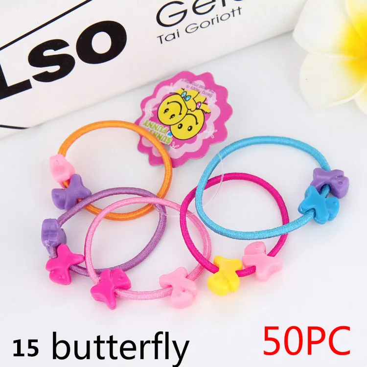 15 Butterfly 50 шт./пакет с героем из мультика; медведи рисунком кролика и бантом и принтом «звездочки» для малышей и детей постарше, "конский хвост", держатели женские аксессуары для волос для девочки резинкой галстук Резинки - Цвет: 15 Butterfly