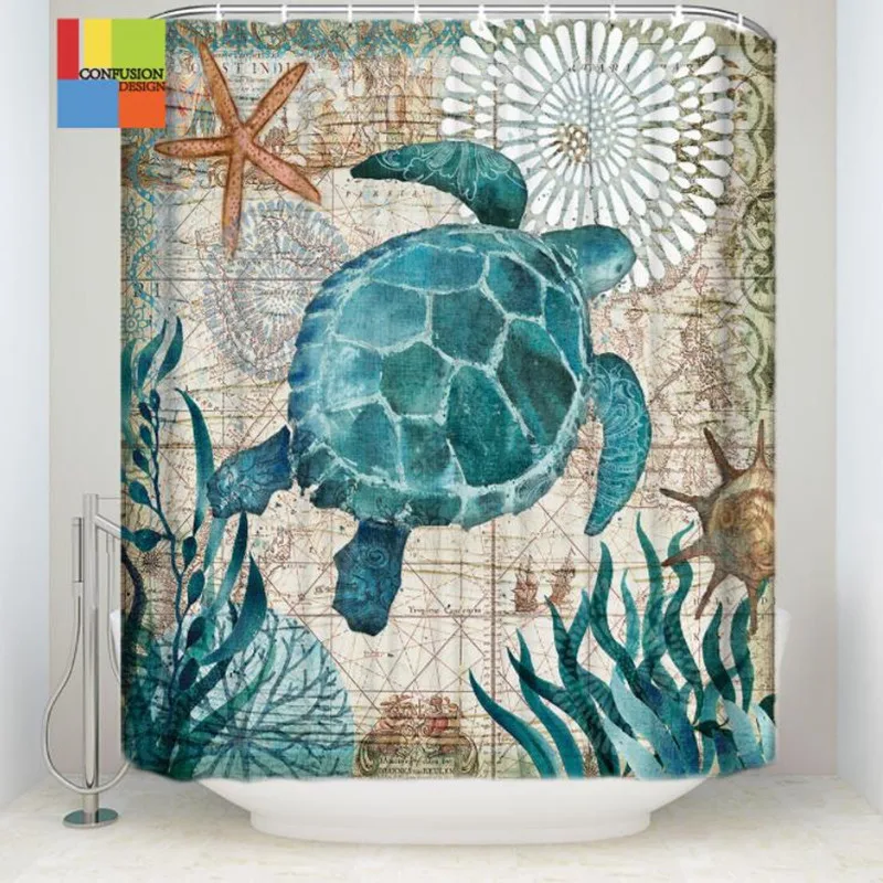 2019 High Quality 3D printing Sea Turtle Shower Curtain Waterproof with Hooks Bathroom Curtains for Home Decorations | Дом и сад
