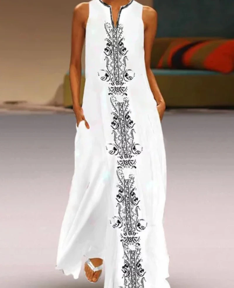 

White Summer Beach Dress Women Plus Size 3XL 2019 Fashion Cotton Boho Dress Sleeveless Printed Long Maxi Dress