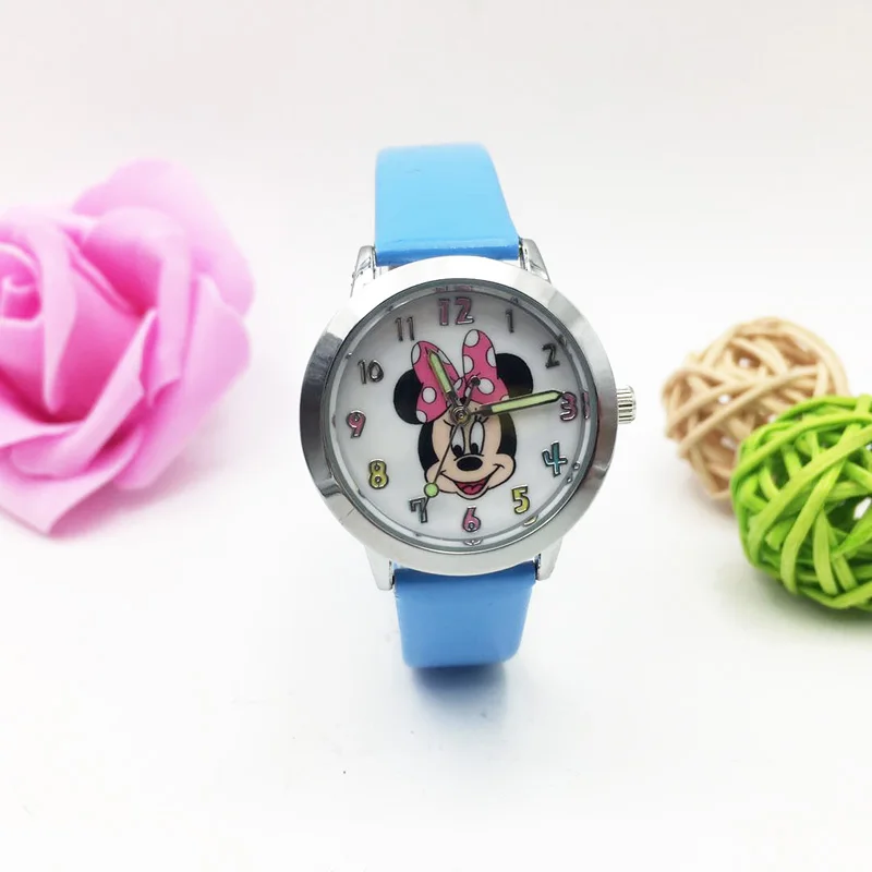 Mickey 1 Мультфильм часы с изображением мыши для детей девочек Студенческие Кварцевые наручные часы PU Кожаный ремешок светящиеся руки наручные часы - Цвет: Mickey 1