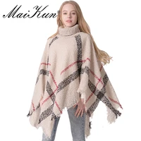 maikun high collar scarf for women winter warm batwing tassels poncho cape wool plaid knit sweater plaid cloak