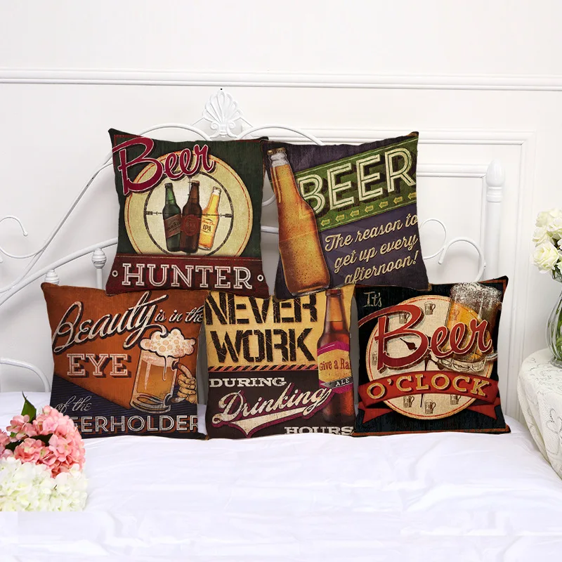 

Decorative Pillow Case Vintage Retro Style Beer Topic Pillowcase 17.5 Inches Cotton Linen Chair Seat Throw Pillow Cover C1059
