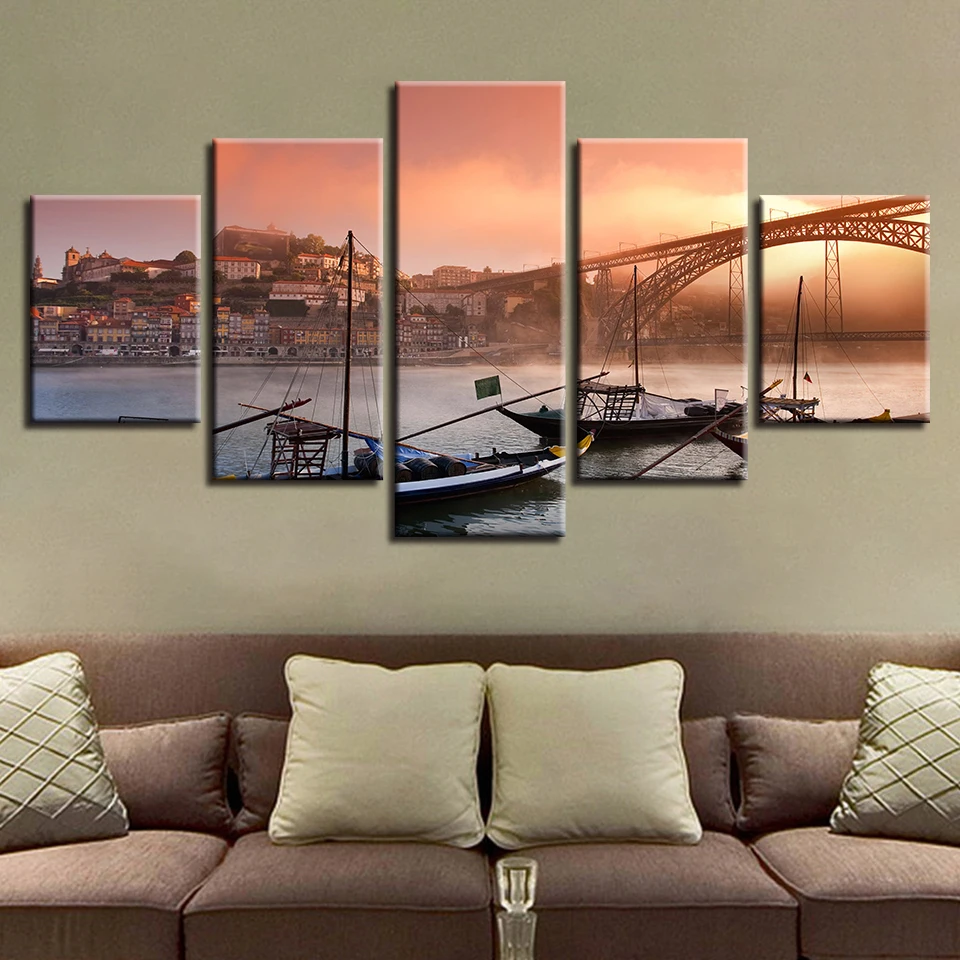Холст плакат Wall Art HD печатает 5 шт. порту Понте Dom Luis я мост Картина модульная лодки