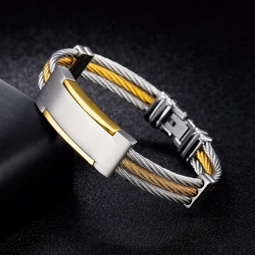 Fashion street three rows of steel wire gold men bracelet high quality titanium steel. | Украшения и аксессуары