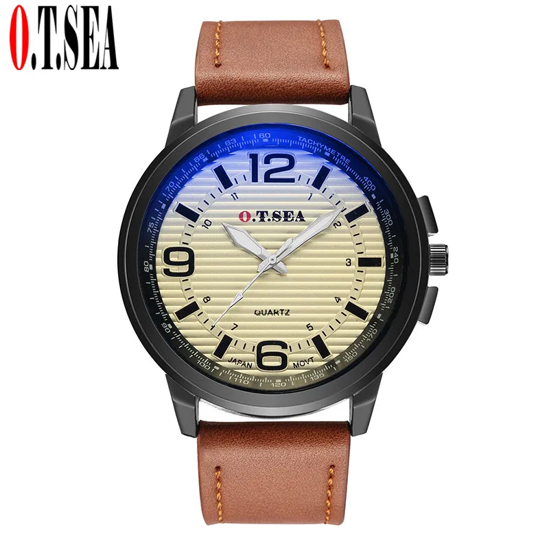 Luxury O.T.SEA Brand Blue Ray Glass Leather Watches Men Fashion Casual Sport Quartz Wristwatches 1213 | Наручные часы