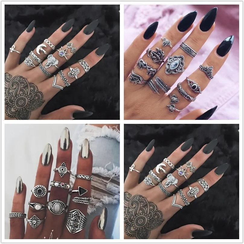 

Bohemia Elephant Flower Rose Heart Crown Carved Rings Set Knuckle Finger Midi Ring for Women Jewelry