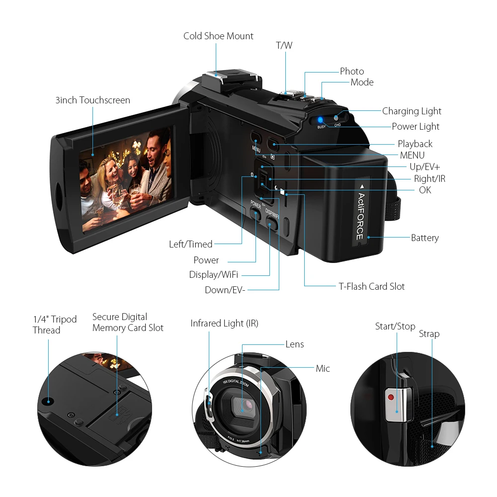 Andoer 4K 1080P 48MP WiFi цифровая видеокамера регистратор с 0.39X широкоугольным
