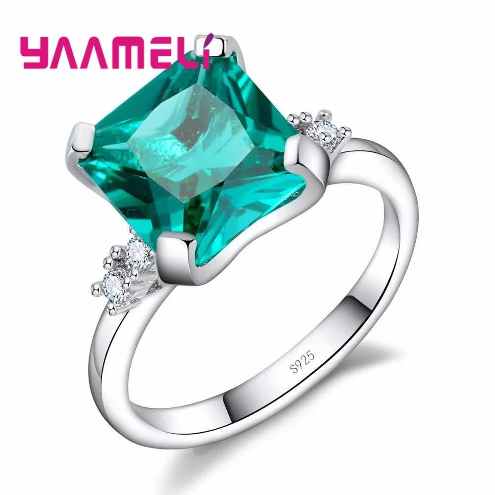 

New Green Cubic Zircon Square Stone Ring Luxury 925 Sterling Silver Crystal Jewelry for Women Female Wedding Party