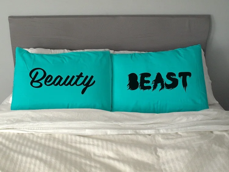 Quirky Funny Beauty and Beast Pillowcase Set Pillow Case Pillowcases Custom Fun Wedding Valentine Gift White Cyan Pink Orange | Дом и сад