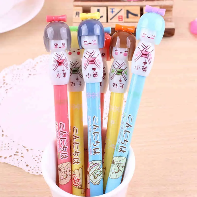 10pcs Creative Stationery Cute Japanese dolls Gifts Cartoon Gel pens 0.38mm black ink free shipping