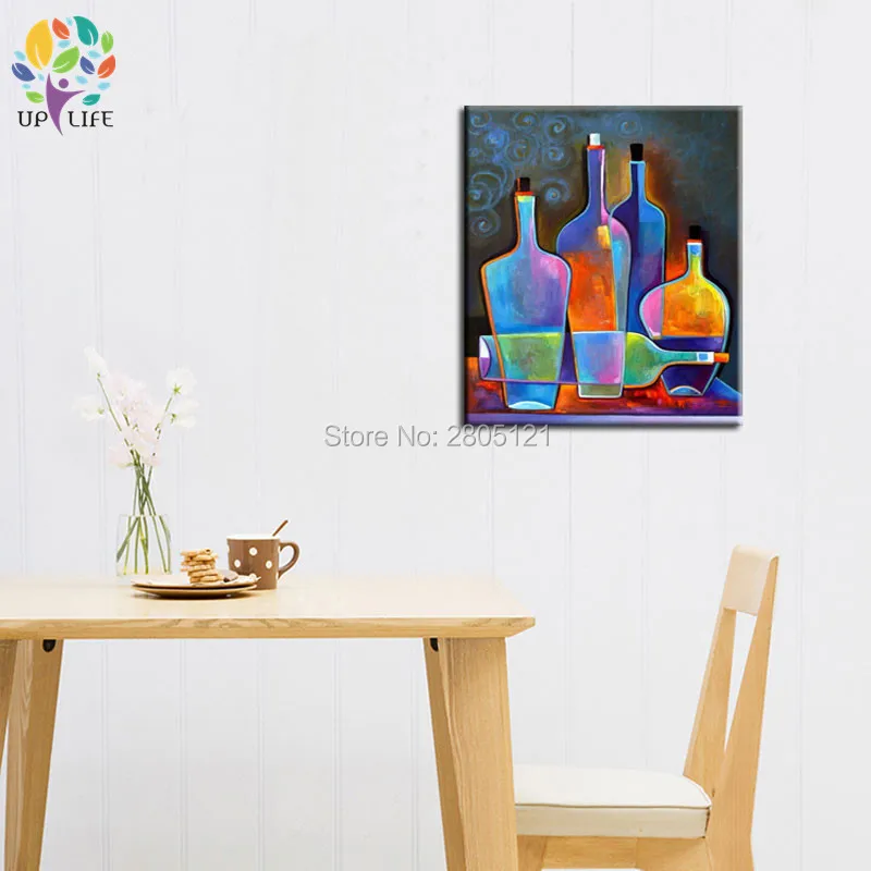 hand painted modern still life painting coloring bright wine bottles canvas picture dining room decoration wall art | Дом и сад