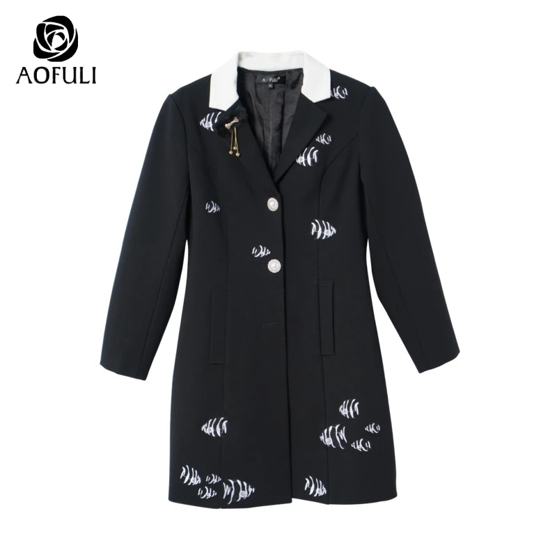 Женское пальто с тропической рыбкой S/M/L/XL зимнее черное длинное отложным