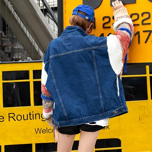 2019 модная новая Свободная трикотажная джинсовая куртка с кисточками Бесплатная