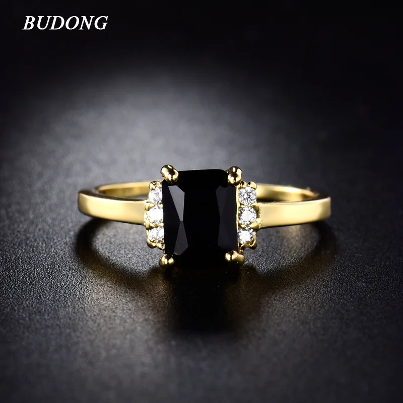 BUDONG 2017 модное желтое Золотое кольцо с сияющей огранкой черное кубическое