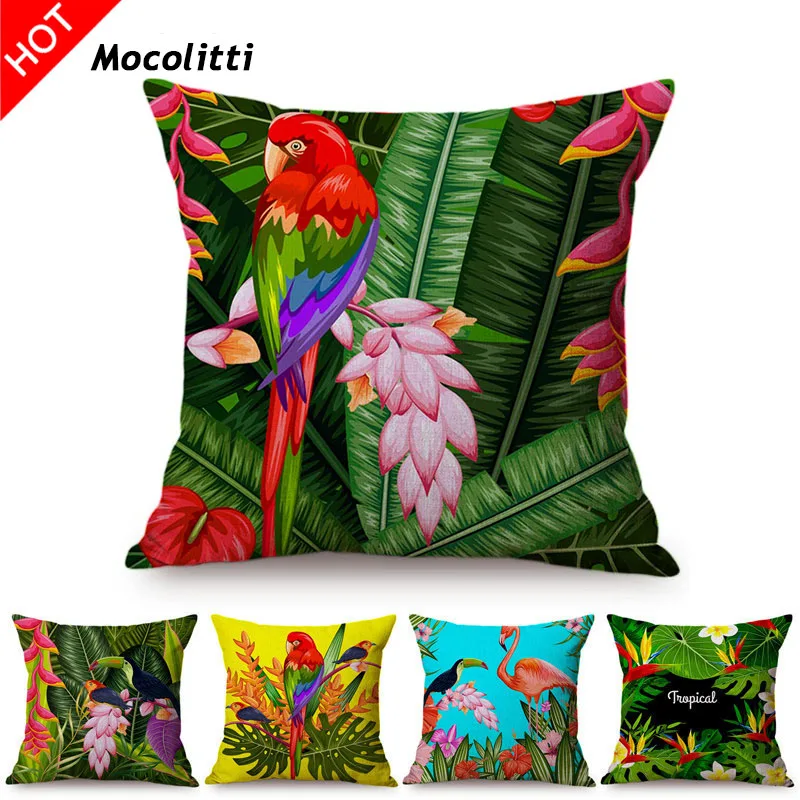 HD Printing Parrot Toucan Southeast Asia Tropical Plant Throw Pillow Case Palm Leaf Cotton Linen Home Decor Cushion Cover Cases