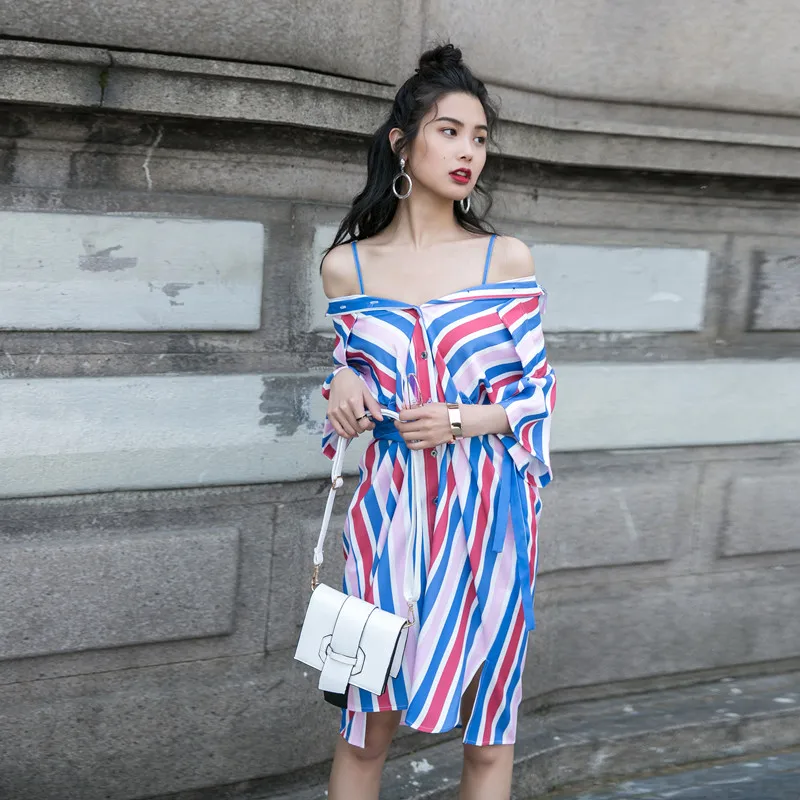 Тренд сеттер Лето 2017 г. повседневный наряд в полоску для женщин Слэш шеи рубашка