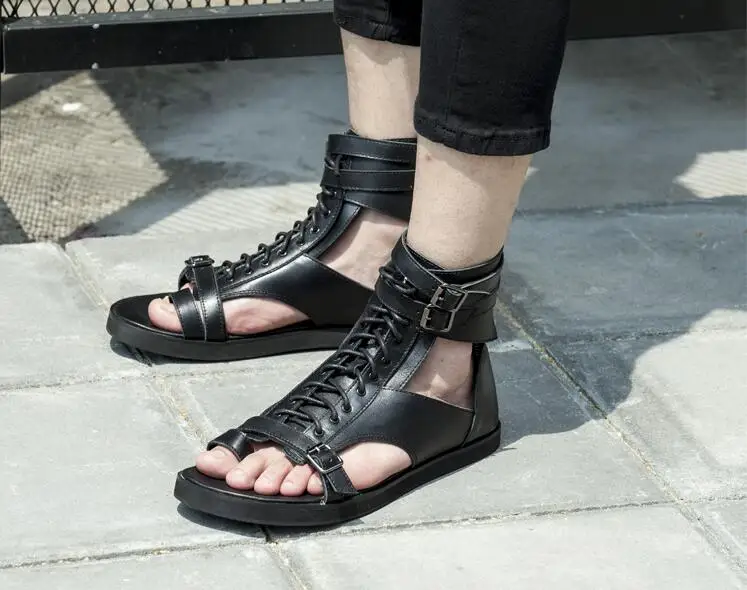 

2018 Brand Men Sandals Genuine Leather Men Summer Shoes Fashion Lace-up low boots black Casual Leather slippers for men
