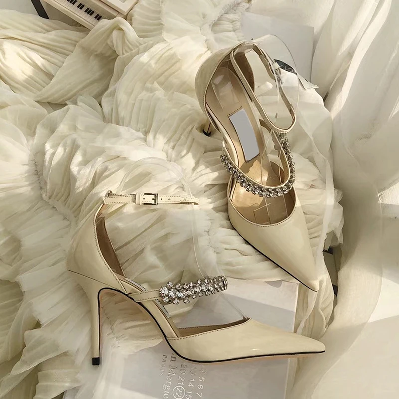 White Patent Leather Narrow Band Crystal Bridal Wedding Pumps Buckle Strap Cover Heel Party Pumps Black Pointed Toe Shoes