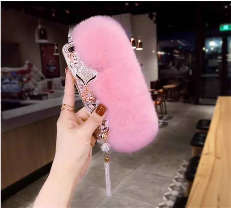 Luxury Bling Rhinestone Fluffy Warm Rabbit Fur Hair Phone Case For Xiaomi Redmi8 9 8A 9A 9C 10X Pro Note 8T 9T 8 10 4G 5G | Мобильные