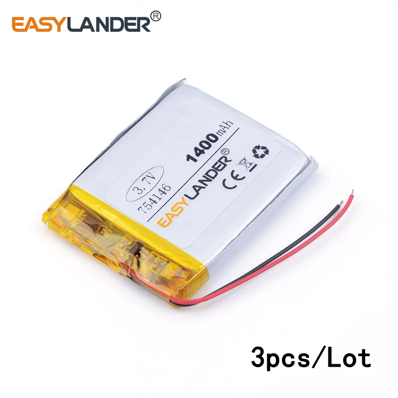 

3pcs /Lot 1400mAH 754146 3.7v lithium Li ion polymer rechargeable battery for dvr GPS mp3 mp4 cell phone speaker Vedio Game