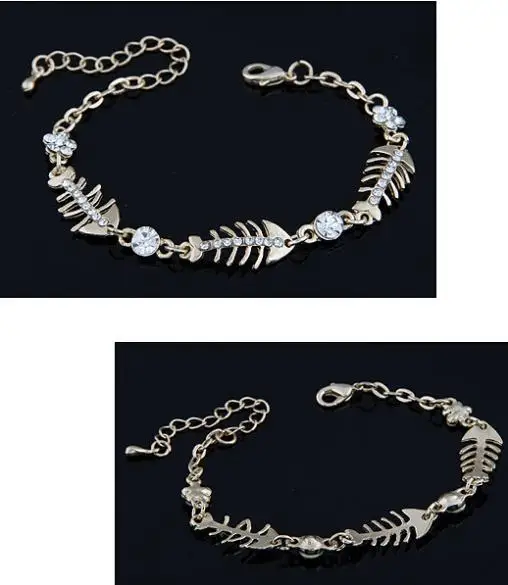 LEMOER Gold Silver Color Crystal Rhinestone Fish Bone Flower Bracelet Chain Link initial charm bracelets Jewelry pulseiras | Украшения и