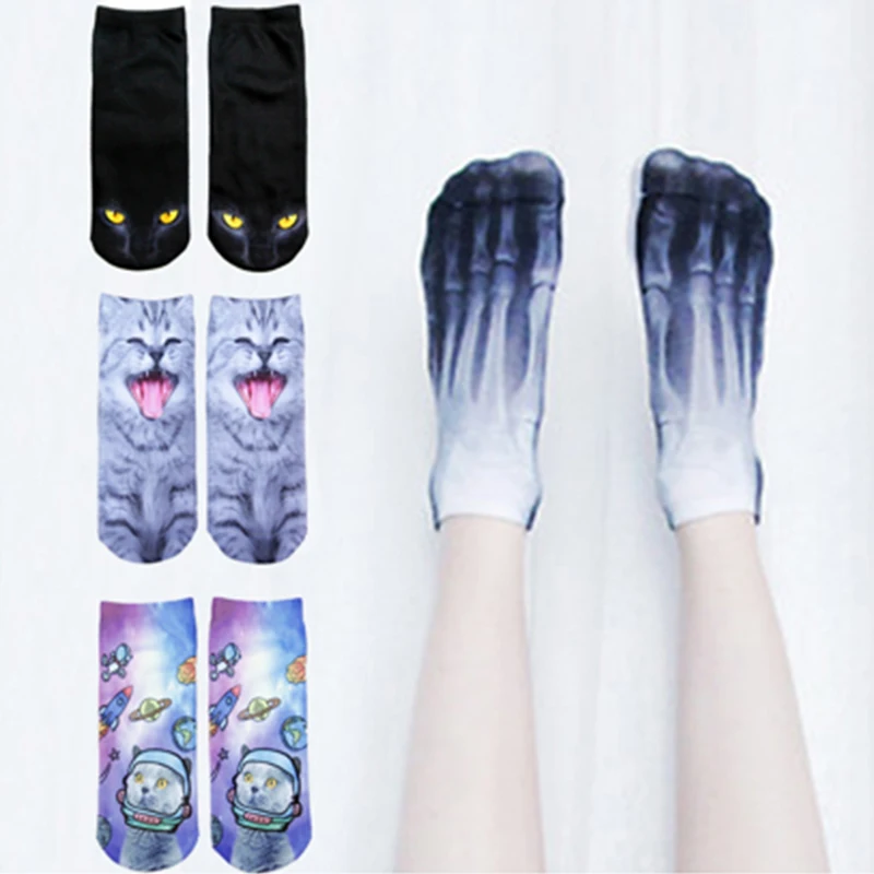 New 3D Printed Cotton Skeleton socks Bone short Women socks Terror novelty socks Animal cat Cute funny Low Cut Ankle Socks men