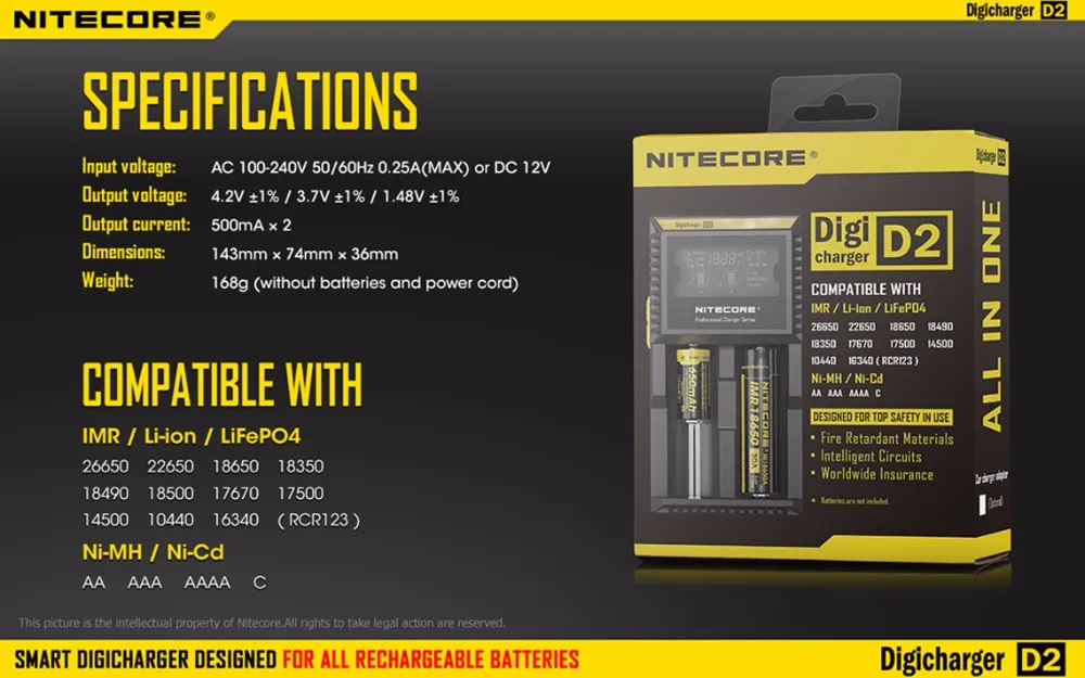 NITECORE D2 Digi зарядное устройство ЖК-экран зарядное устройство+ NITECORE 3500 мАч 3200 мАч 2600 мАч 2300 мАч NL166 NL147 аккумуляторные батареи