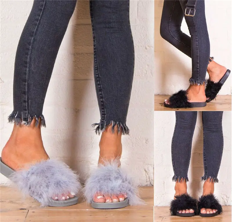 Женские меховые шлепанцы пушистые женские высшего качества домашние тапочки на