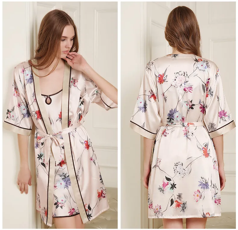 Женский пижамный комплект из 100% шелка с цветочным принтом Размеры M/L/XL|robe set|printed