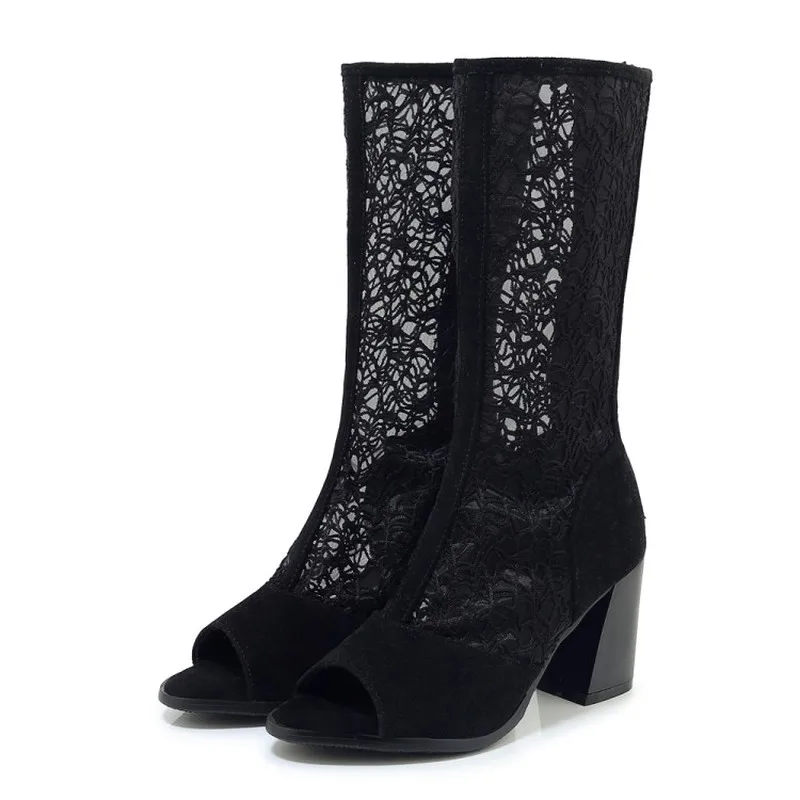 Женские сапоги с открытым носком на молнии толстом каблуке большие размеры 33-46 |