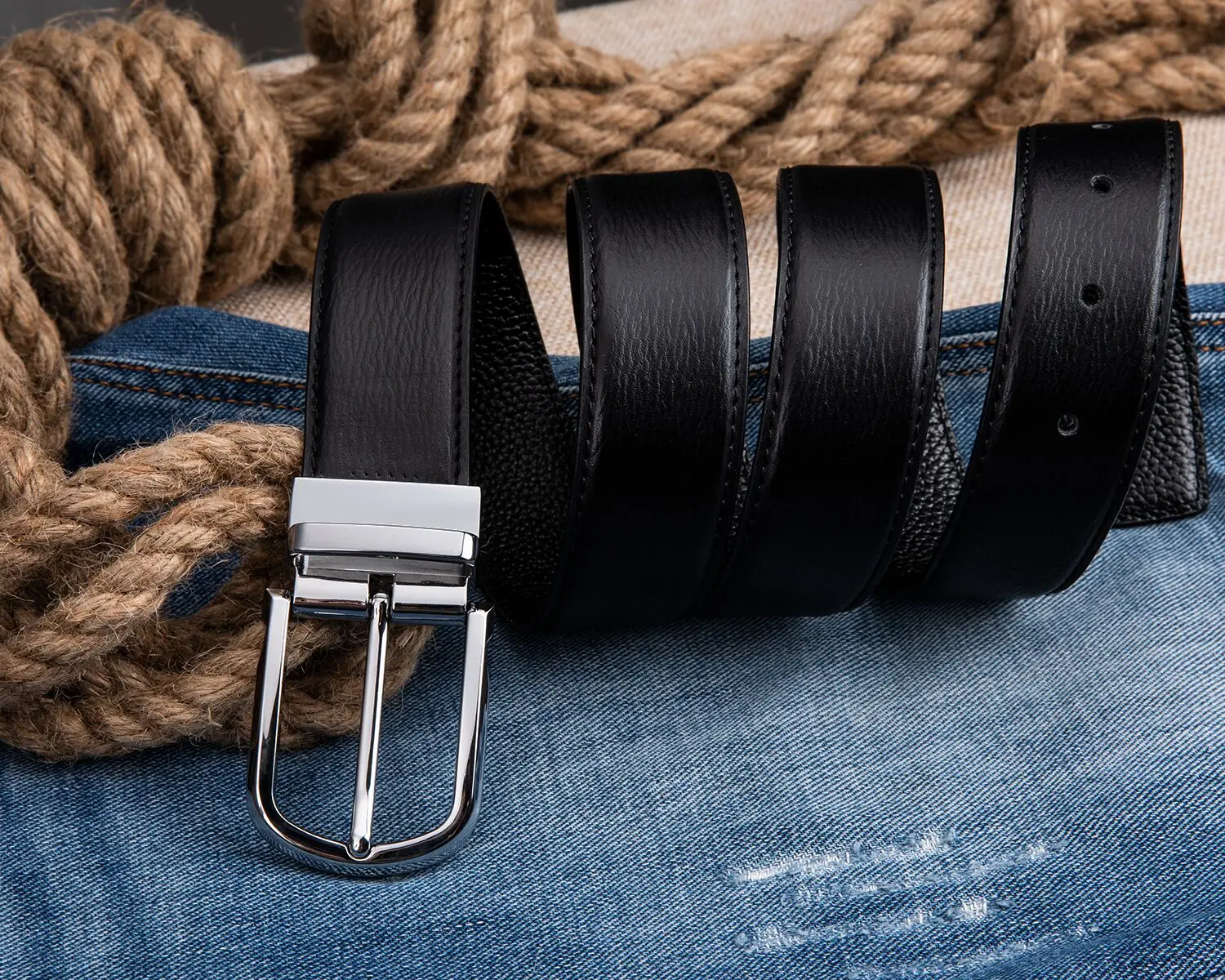 Мужской ремень Hi-Tie черный из 100% натуральной коровьей кожи Простой деловой узор