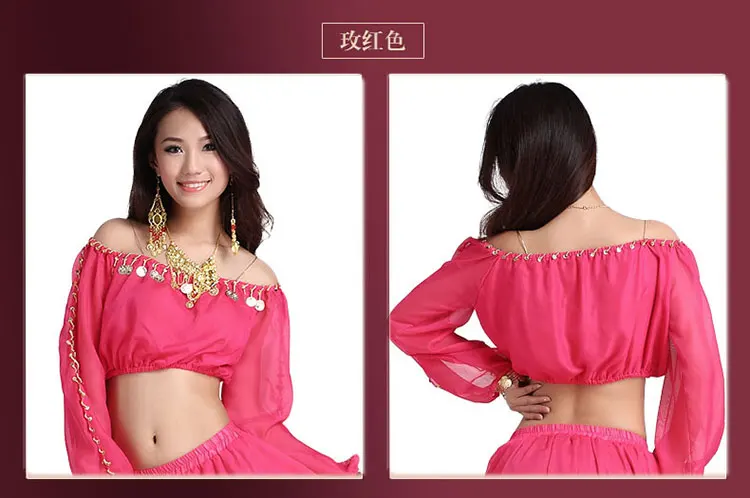 Hot Pink Женский костюм для танца живота, шифон, фонарь, длинные рукава, золотые монеты, топ и тройники, индийская одежда, топы для танца живота - Цвет: Hot Pink