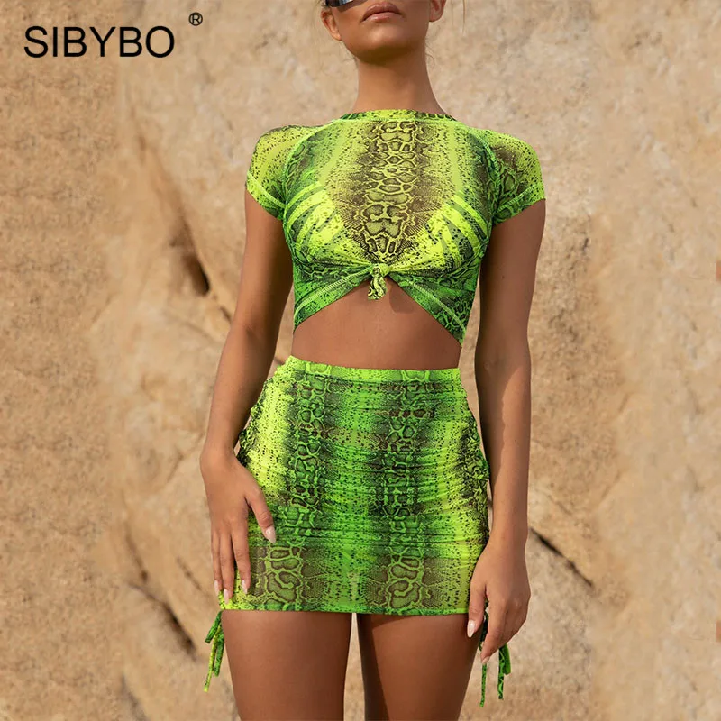 Sibybo, прозрачное, змеиная кожа, летний комплект из двух частей, платье для женщин, высокая талия, сексуальное мини-платье, Пляжное, повседневное, женское, облегающее платье - Цвет: Fluorescent Green