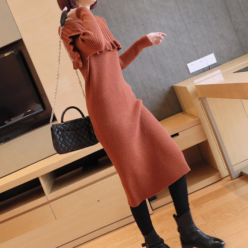 

2018 autumn and winter new women's slim long temperament sweater wooden ear stitching fashion knit dress