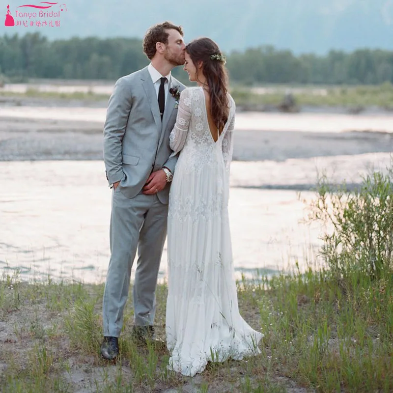 Bohemian Lace Wedding платья с рукавом-клеш глубокий v-образный вырез сексуальная открытая спина линия Boho пляжные свадебные платья Цыганский Хиппи Noivas ZW190